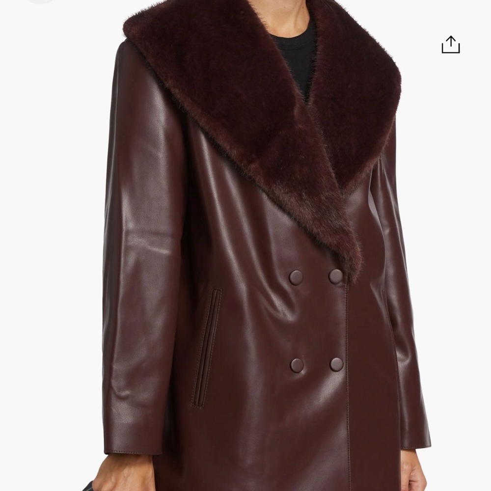 Women's oxblood burgundy vegan Leather Coat with Faux Fur Collar